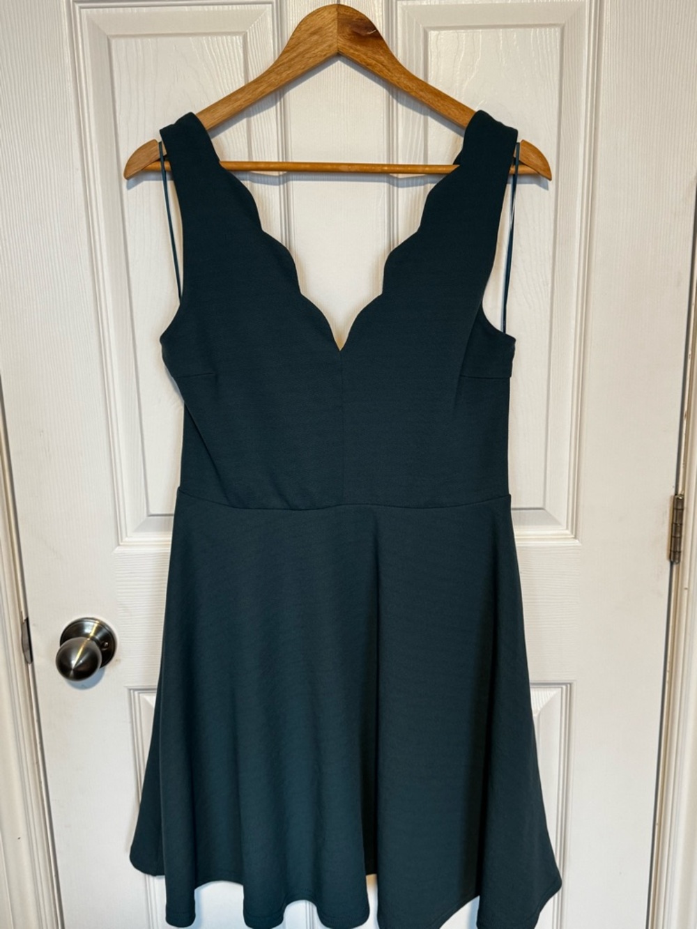 twik Scalloped V-Neck Sleeveless Flared Mini Dress in Teal